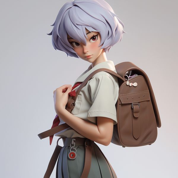 midjourney rei ayanami from evangelion wearing schoolbag 3d niji style expressive