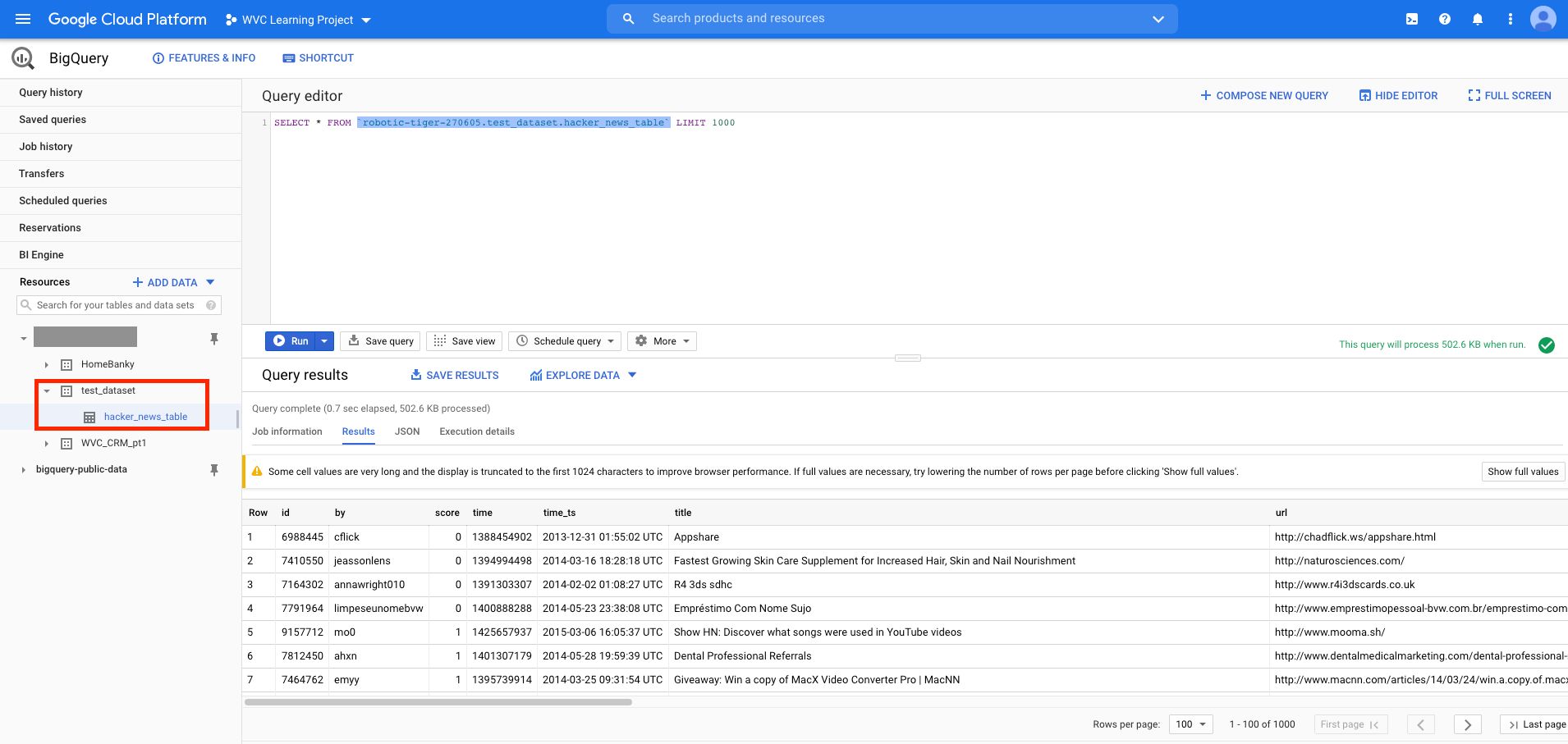 BigQuery New Dataset and Table