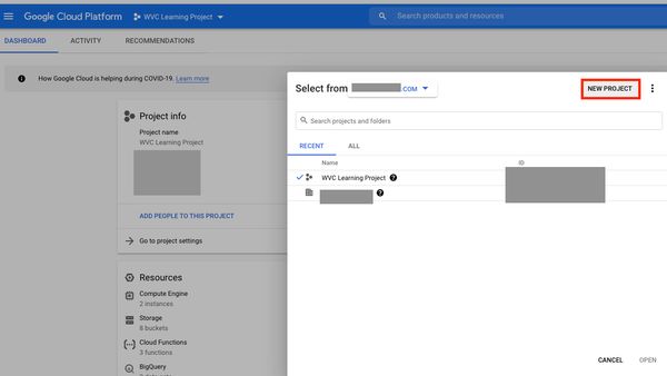 Google Cloud Platform Click New Project