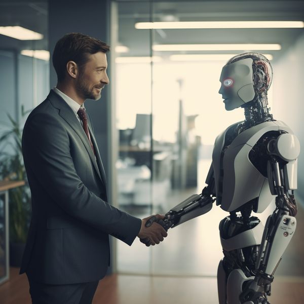 midjourney man shakes hand with robot in office
