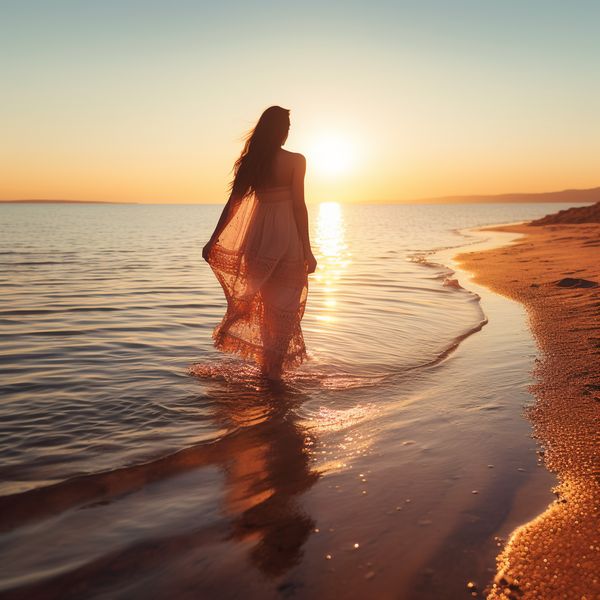 midjourney beach sunrise with woman facing away