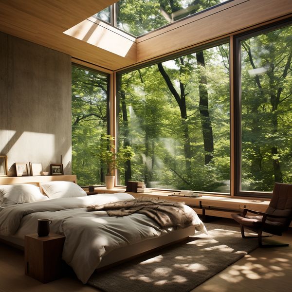 midjourney modern bedroom with forest view