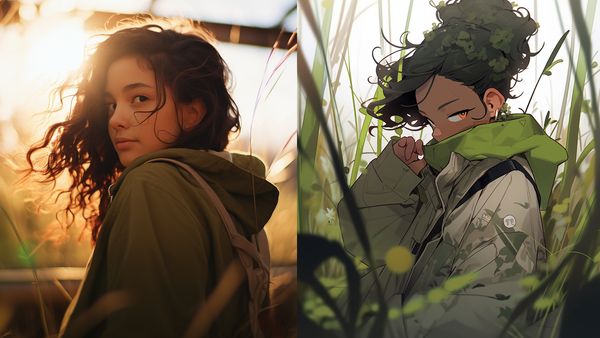 midjourney girl with hoodie, left style raw, right niji mode
