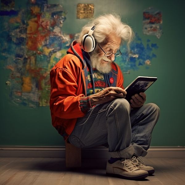 midjourney old man with ipad and headphones