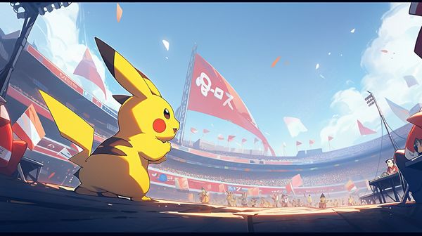 midjourney pikachu from pokemon in a stadium niji 5 style scenic