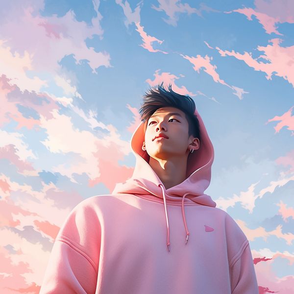 midjourney anime version of asian streetwear guy pink hoodie