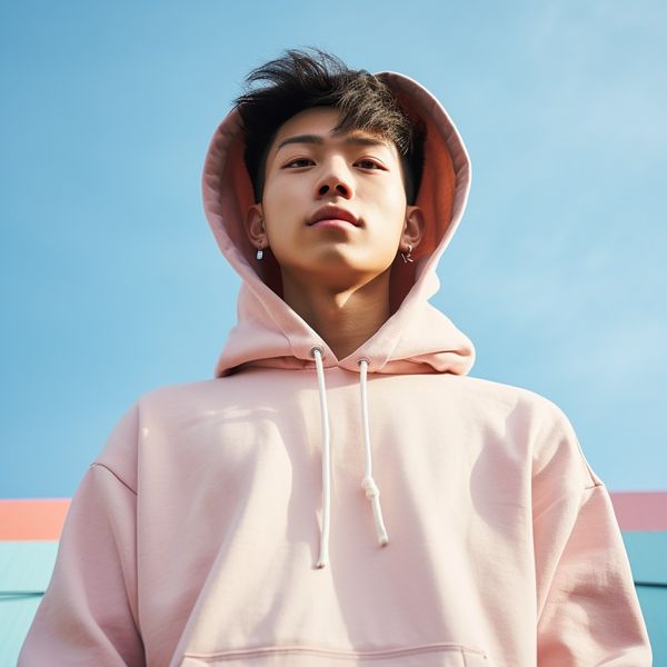 midjourney photo of asian streetwear guy pink hoodie
